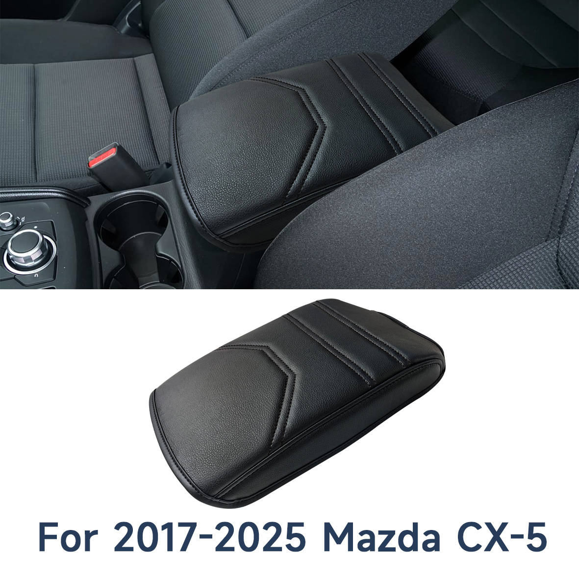 Mazda Armrest Box Pad for Mazda CX5 17-25 (Sürətlər qutusu və əl tormozu başlıqları) - black-leather-cayenne-line-embroidered-sponge-two-straps-17-25-mazda-cx5-non-removable-center-654027-037
