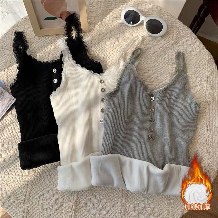 Warm Camisole Women's Autumn and Winter Interior fleece-lined Thickened Lace Base Shirt Design Knitted Sleeveless Top for Women