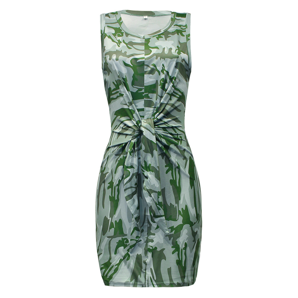 camouflage print round neck waist tie dress NSKX122403