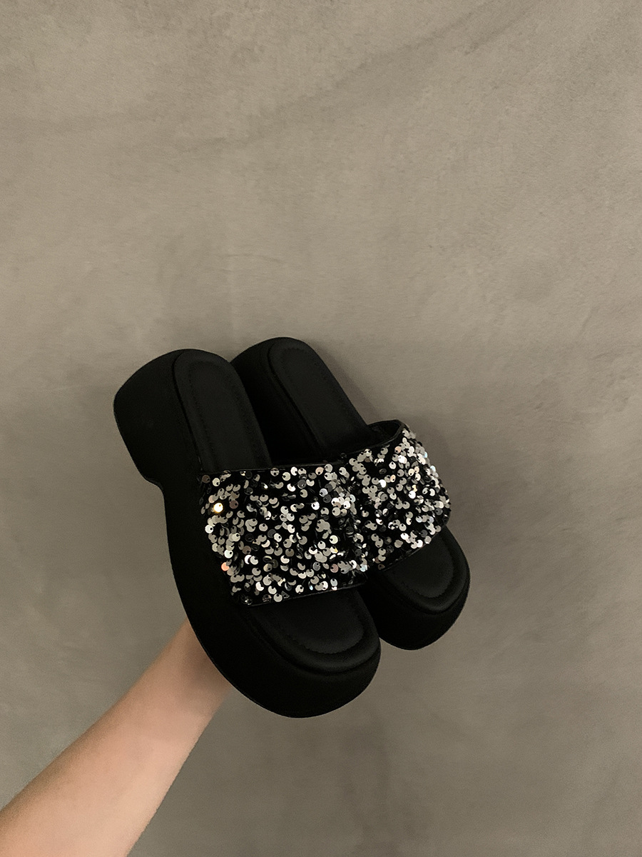 Pantuflas de plataforma de plataforma de lentejuelas negras, zapatos de mujer, 2025 nuevo estilo, sandalias de vacaciones junto al mar de verano, sandalias