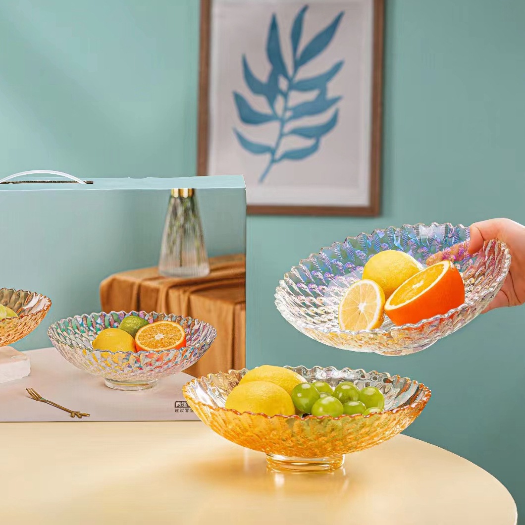 七彩玻璃孔雀果盘套装两件套炫彩水果干果盘送客户银行保险节日礼