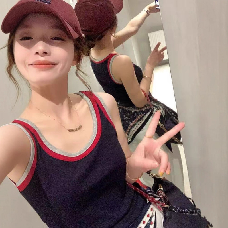 撞色拼接吊带背心女2025款时尚修身显瘦百搭无袖吊带打底内搭上衣|undefined