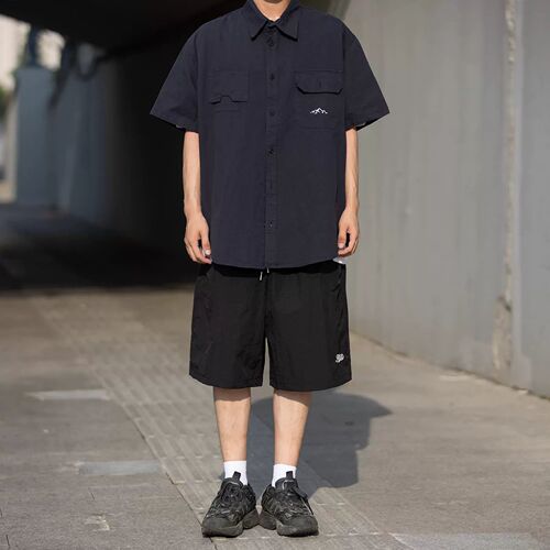 Japanese-style trendy irregular pocket workwear short-sleeved shirt, Instagram-inspired unisex functional style summer shirt