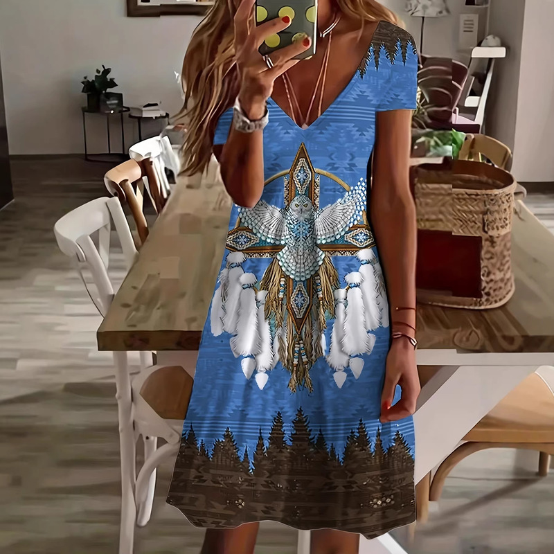 In Stock: Women's Western Ethnic Retro Style Printed Dress, Elegant V-Neck Short-Sleeve Women's Clothing with Ethnic Print