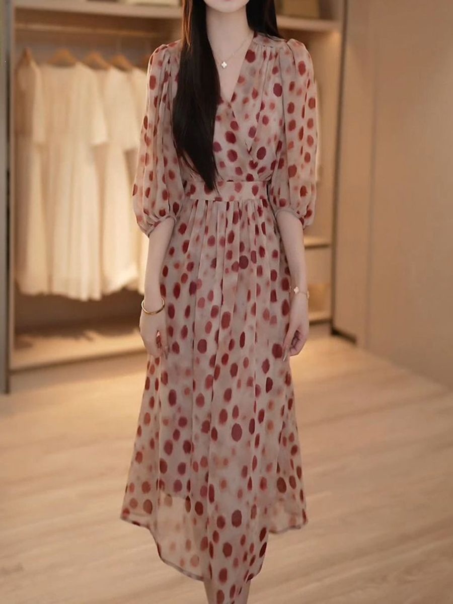 Đầm maxi nữ thắt eo họa tiết chấm bi sóng Pháp 2026 — Red wave dots (có lớp lót) chi tiết 9