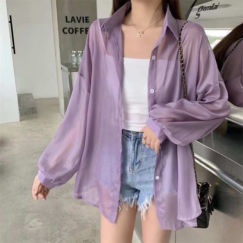 Hilo de perlas de diseño delgado micro-transparente de manga larga abrigo protección solar camisa Alibaba red al por mayor 1688