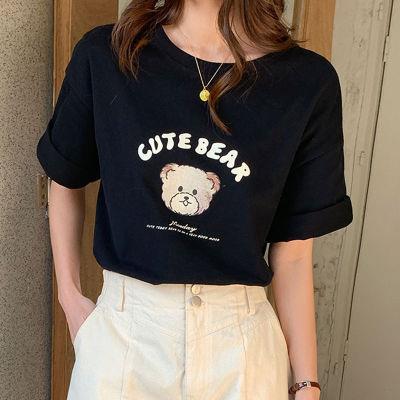 Women's relaxed-fit, short-sleeve T-shirt with a crew neck—featuring a cute cartoon bear print for a uniquely stylish and super-chic look this summer!