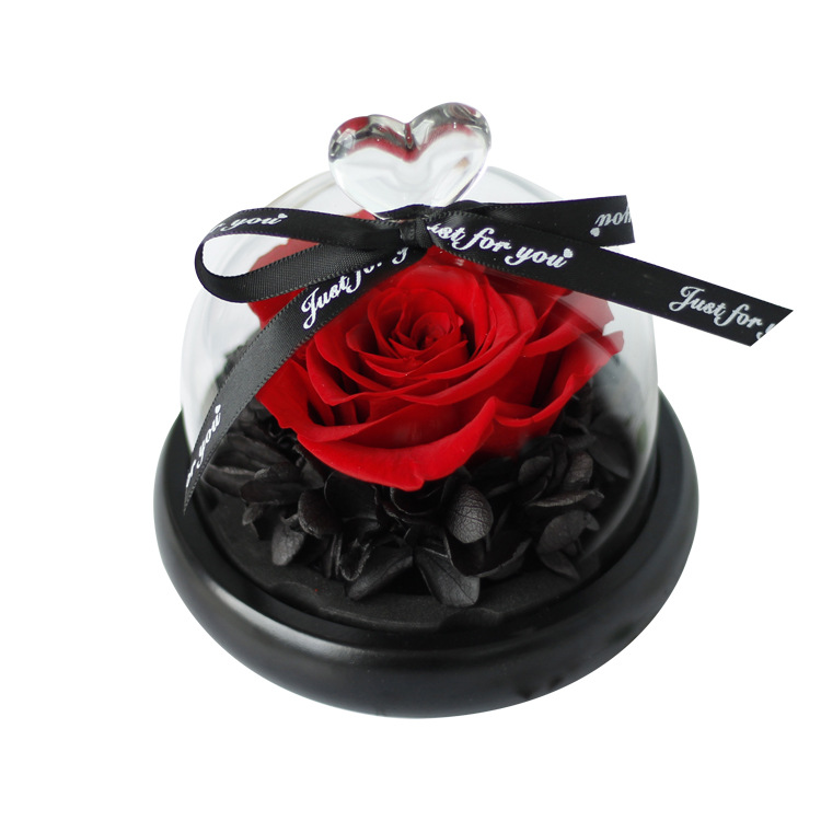 Regalo para el Día de la Madre, flor eterna, pequeña rosa en forma de corazón, cúpula de cristal, caja de regalo, adorno de flor eterna terminado en Yunnan