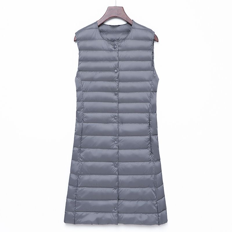 Transfronterizo otoño y invierno nuevo tipo de chaqueta de pluma de mujer ligera media y larga moda coreana con cremallera de cuello redondo calentamiento exterior