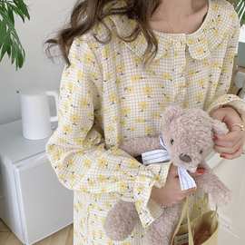 实拍2023春季INS新款棉花朵印花长袖连衣裙家居服睡裙女外贸批发