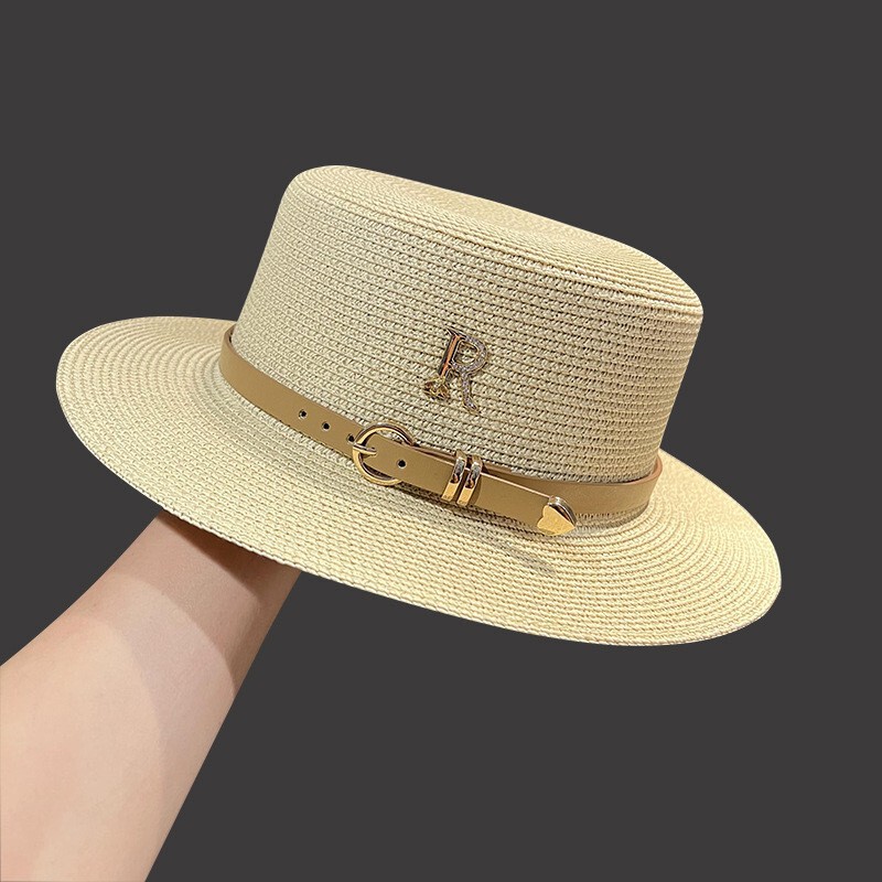 Wholesale Summer Women's Vacation Beach Hats with Rhinestone Letter Belt, Personalized British Style Retro Flat-Top Sun Hat