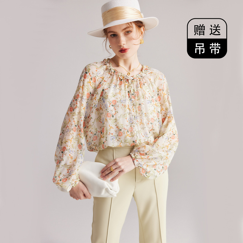 Silk Sun Protection Shirt for Women 2026 Spring and Summer New Long-Sleeved Mulberry Silk Pullover Floral Chiffon Two-Piece Shirt
