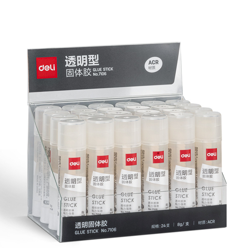 Barra de pegamento sólido transparente Deli 7106/7107/7108 de 8g/15g/21g hecha de material ACR con fuerte poder adhesivo.