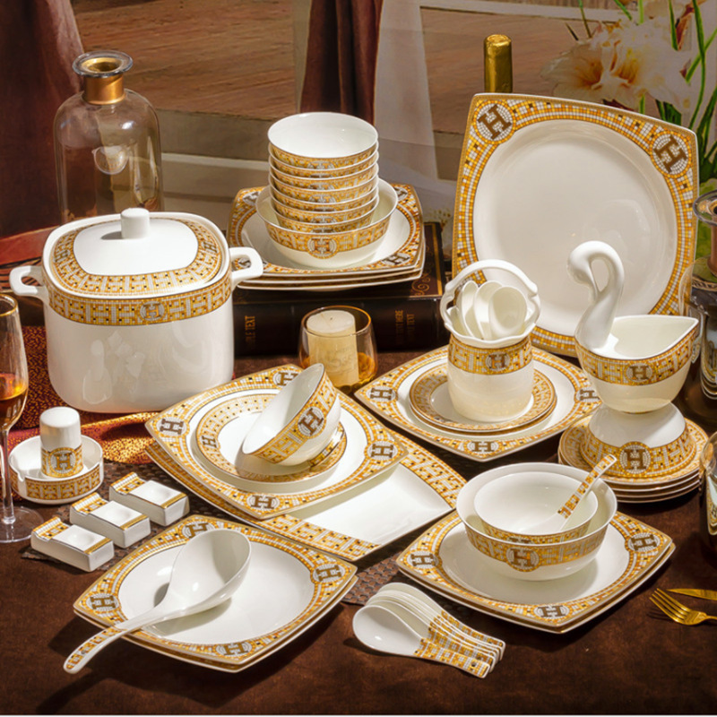 H Jingdezhen Bone China Tableware Set, High-End Luxury Bowl and Plate Combination, European-Style Ceramic Dishes, Complete Set for Home Use