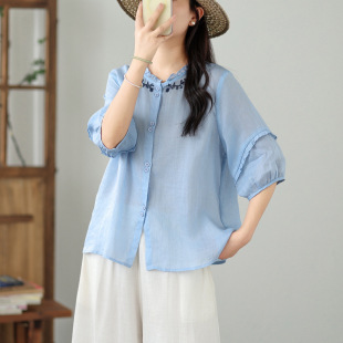 Real Shot of Ready-Made Embroidered Shirts for Women, Artistic Temperament, Casual and Versatile Summer New Slim Round Neck Short-Sleeved Tops for Women