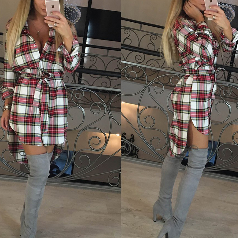 Women Clothing Ladies Collared Long Sleeve Shirt Women Mid-Length Plaid Shirt Shirt Dress