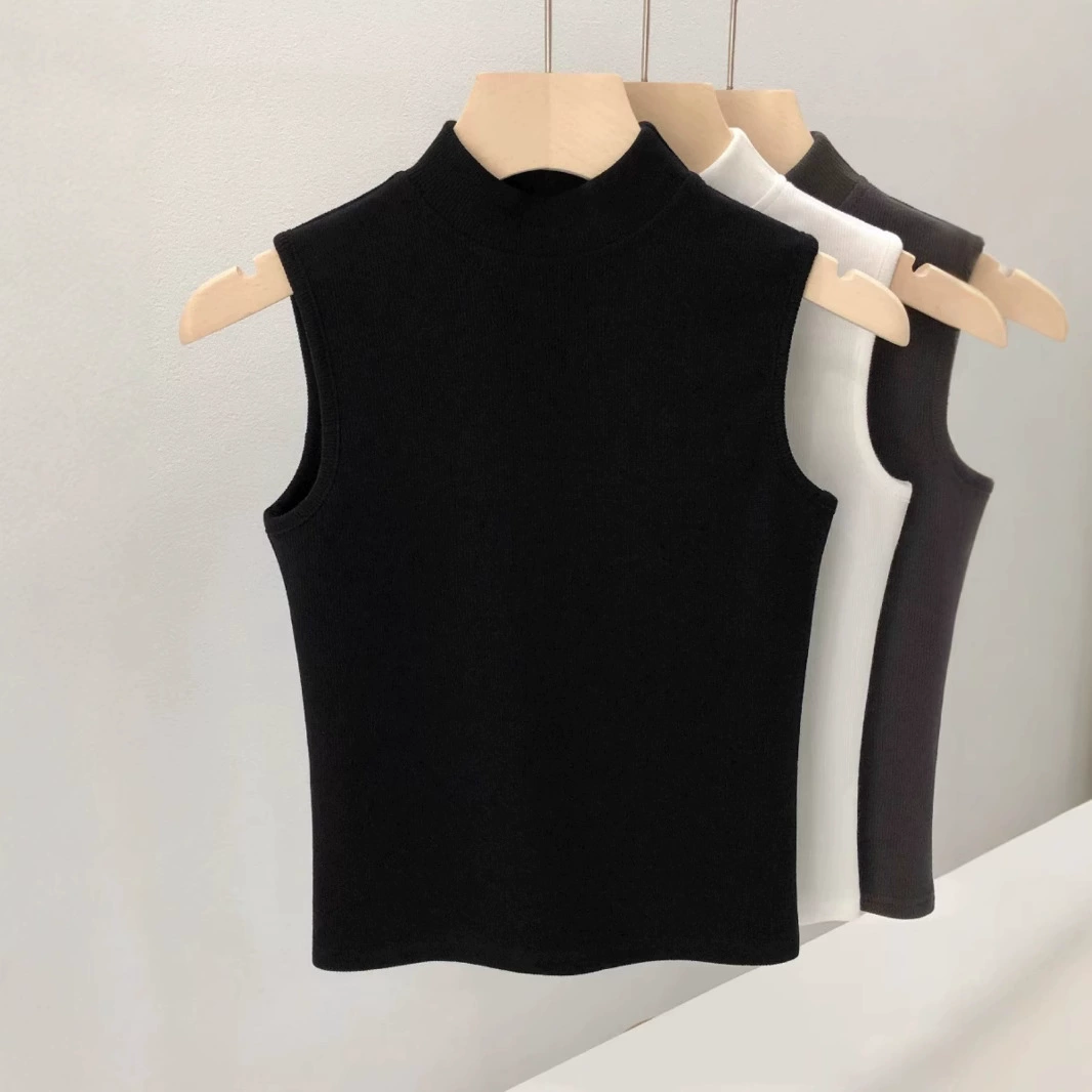 Осенний топ без рукавов, удобный для тела T-shirt, высокий воротник, размер плюс, slim fit