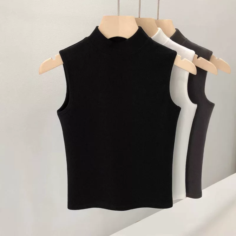 Осенний топ без рукавов, удобный для тела T-shirt, высокий воротник, размер плюс, slim fit