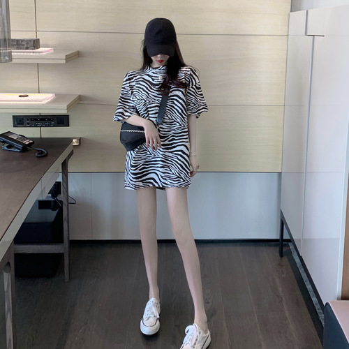 New Korean women's clothing supply leopard print short-sleeved T-shirt women's summer mid-length women's bottoming shirt top drop shipping