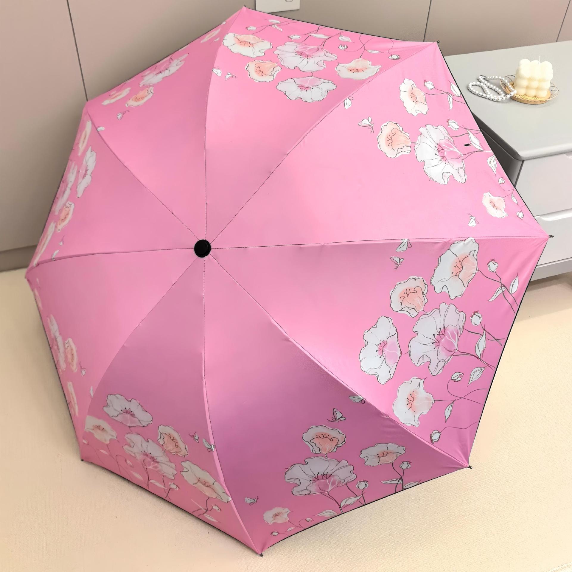 Sombrilla, de doble propósito para sol y lluvia, serie de flores, sombrilla plegable con revestimiento negro para protección solar.