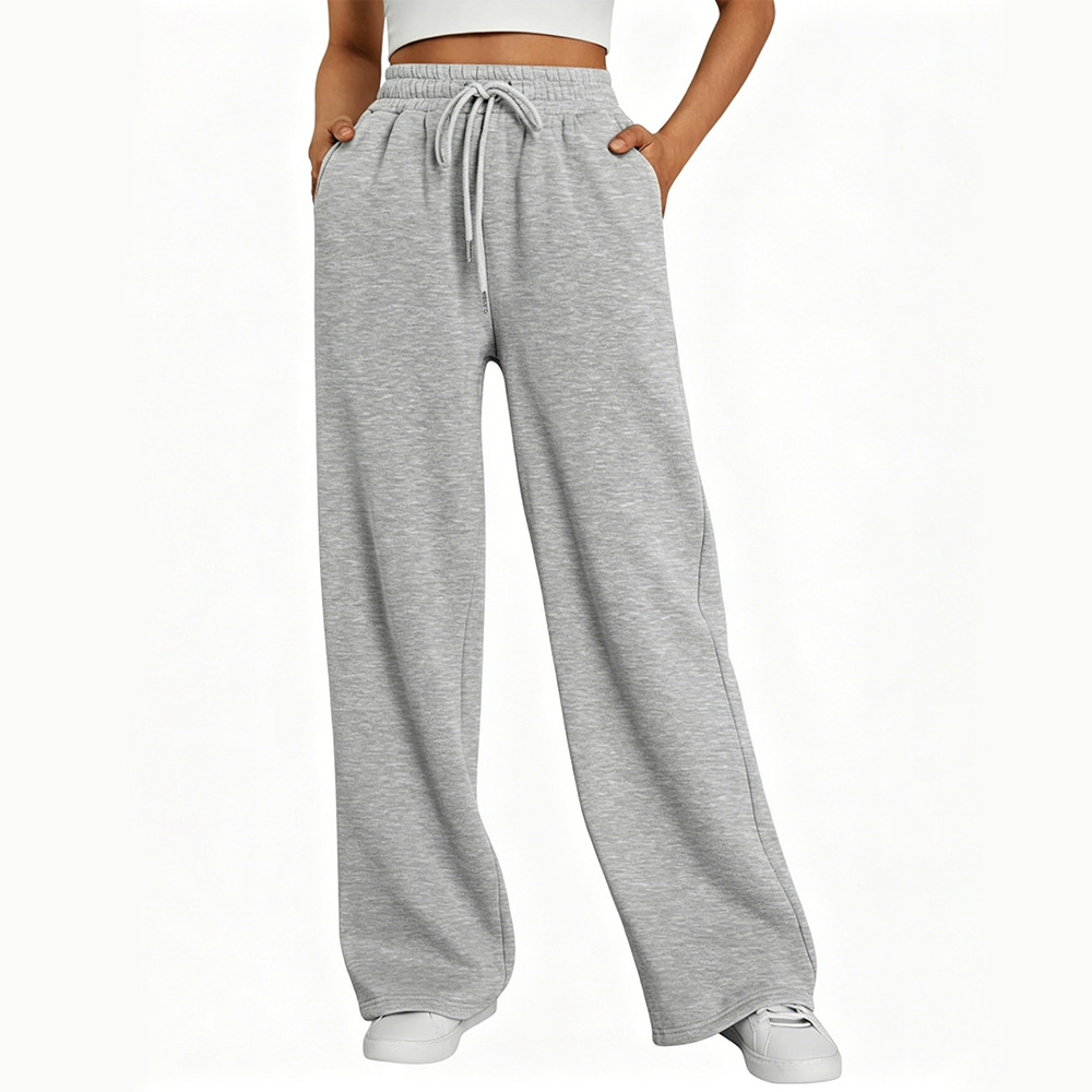 Cross-Border Amazon Autumn/Winter/Spring Women's Loose Wide-Leg Pants, Foreign Trade European and American Drawstring Pocket Women's Casual Fleece Sweatpants