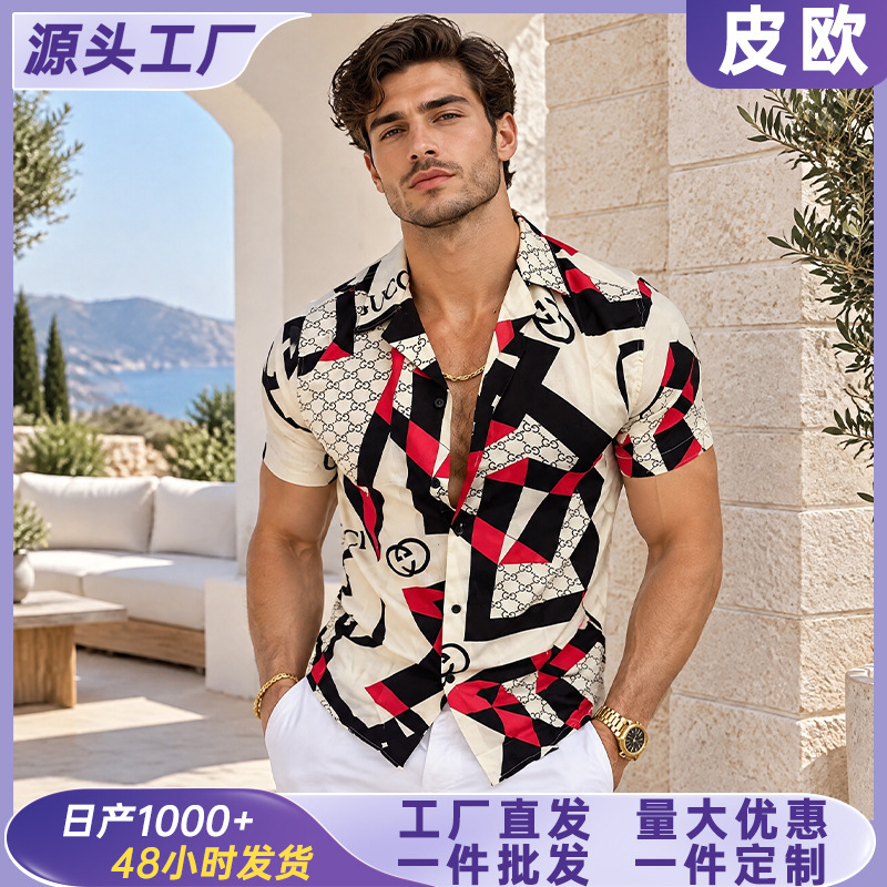 Cross-Border New European and American Men's Trendy Fashion 3D Printed Hawaiian Vacation Loose Casual Short-Sleeved Shirts Wholesale