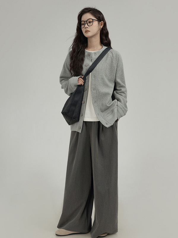 「HUIXI」灰色开衫毛衣女2025秋季款慵懒美式chic棒球服卫衣外套|undefined