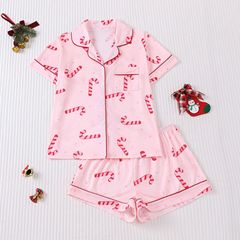 跨境外贸批发女士睡衣四季圣诞节印花翻领短袖短裤欧美家居服套装
