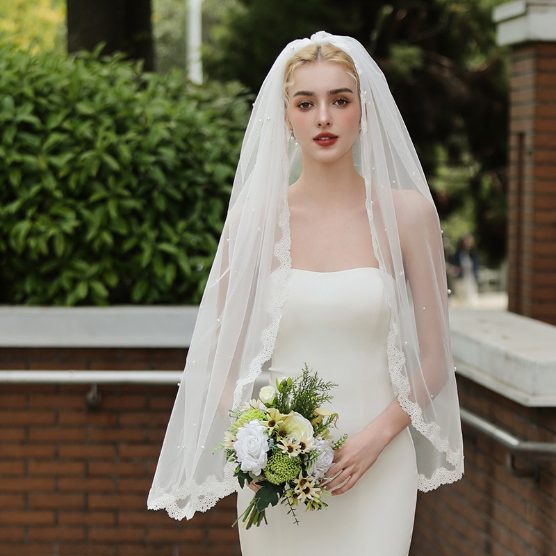 V1733新娘结婚蕾丝密钉珠缝发梳新娘拍照结婚中长腰部1米面头纱|undefined