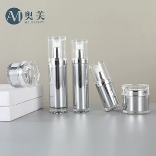亚克力塑料膏霜罐 透明罩银色瓶身按压分装瓶  化妆品水乳套装瓶