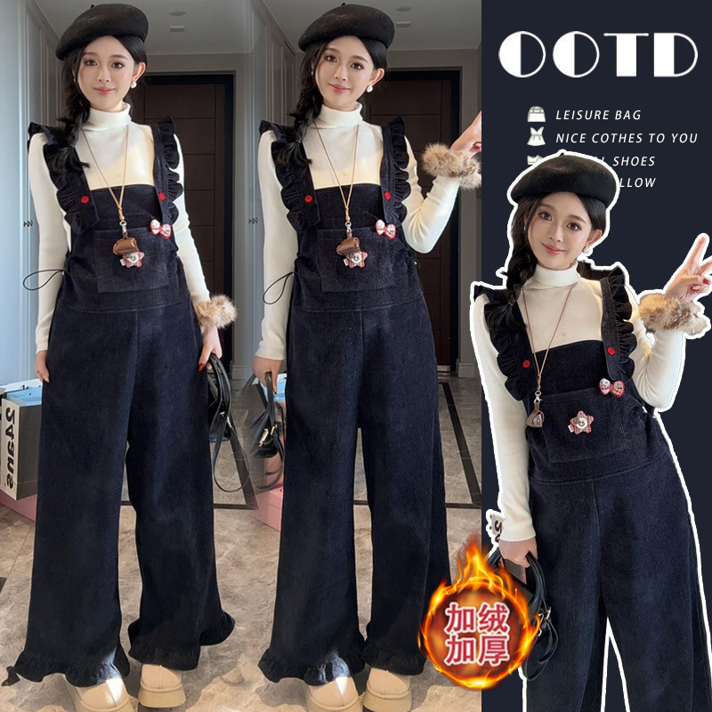 2025 Original New High Quality Knitted Bottoming+Maternity Plus Velvet Fashion Overalls Maternity Set
