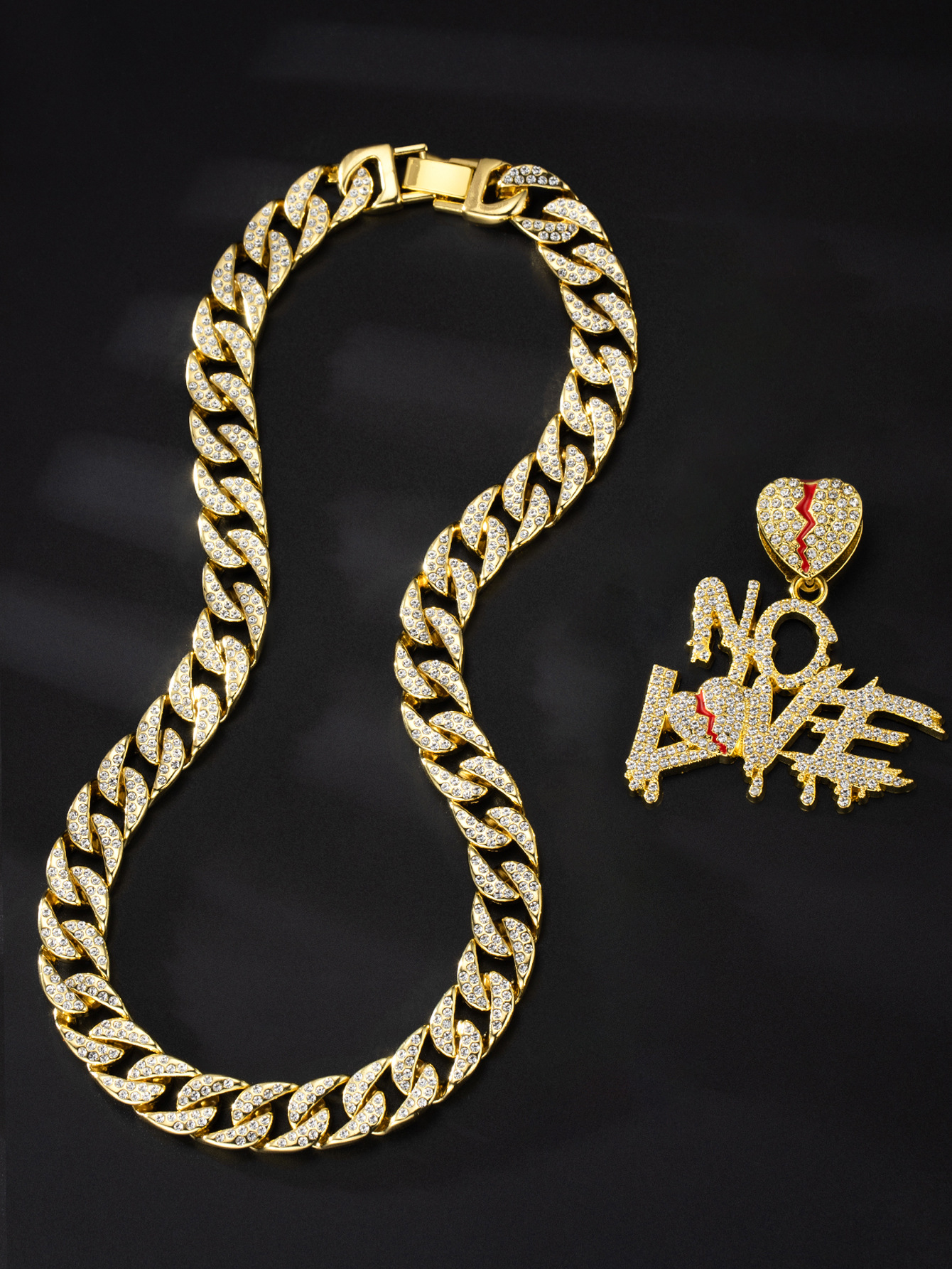 New full diamond Cuban chain splicing letter love pendant hip-hop street culture trendy men's necklace_voghion.com