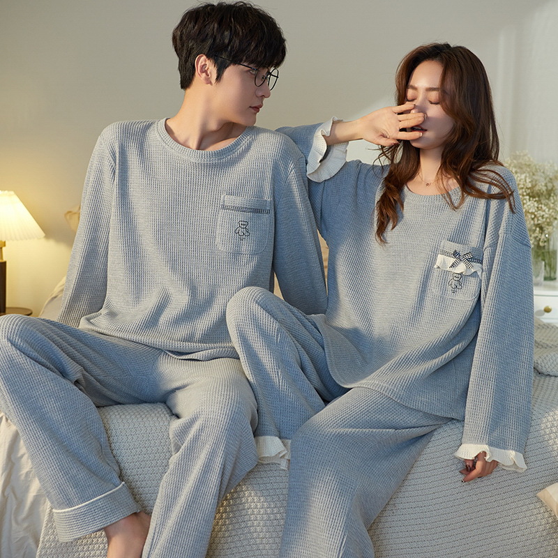 Primavera y otoño pareja pijamas de algodón de invierno de las mujeres de dibujos animados lindo de manga larga casual hombres simples más tamaño homewear traje