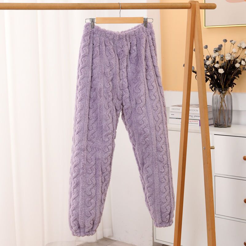 Pantalones caseros dulces se pueden usar fuera de otoño y invierno de tela de coral espesa calentamiento elástico pijamas de franela casuales