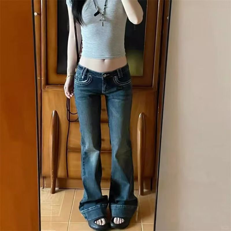 Vintage Low-Rise Flared Jeans for Petite Women, Spring and Autumn, Versatile Narrow Fit, Bootcut, Floor-Length Pants