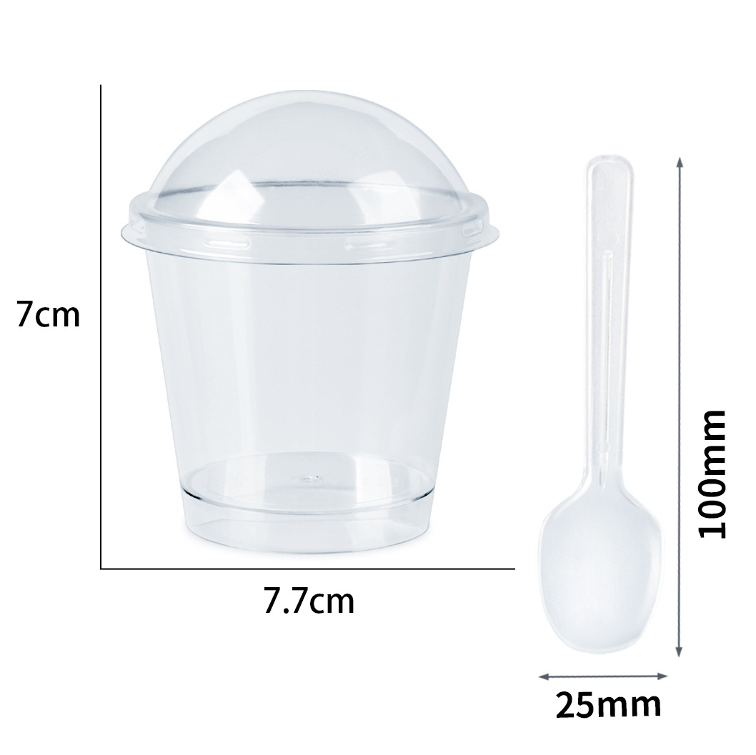 Taza de pudín con tapa, juego de cucharas, 50 tazas de salvado de madera, taza de mousse, pastel, taza de yogur, taza de plástico, postre de 200ml