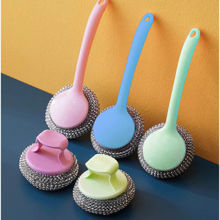Kitchen Cleaning Brush with Handle, Replaceable Head Pot Brush, Multi-Functional Dishwashing Brush, Cleaning Ball, Steel Wire Ball, Long Handle Pot Brush