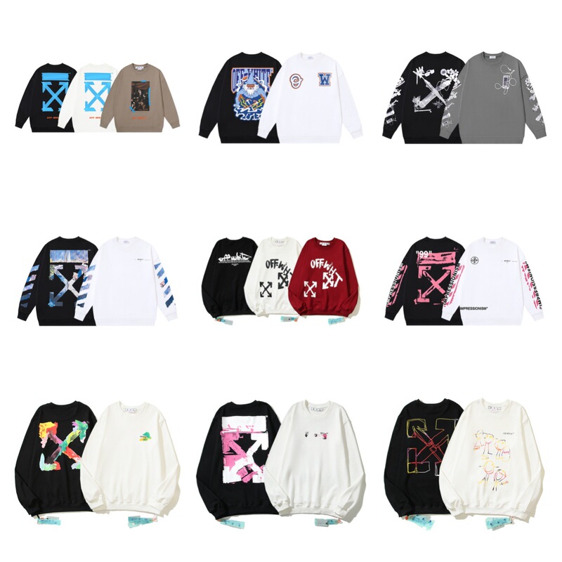 Cross-Border Off-White Pure Cotton Terry Men's and Women's Printed Round Neck Long-Sleeved Sweatshirt Ow Spring & Fall Sweatshirt Collection Ready Stock