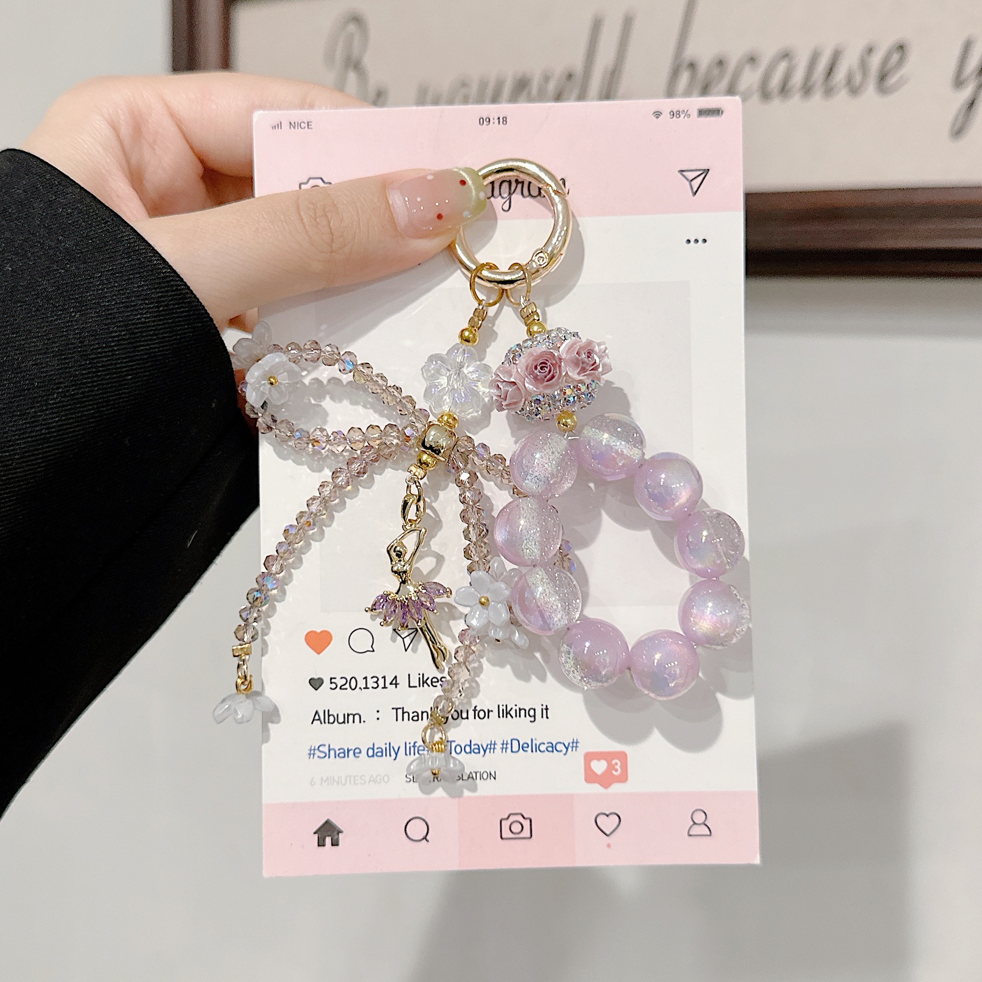 Cadena de colgar para teléfono móvil de alta gama hecha a mano boutique, cadena de colgar para niña de ballet, cordón para teléfono móvil de moda, cadena/colgante corto