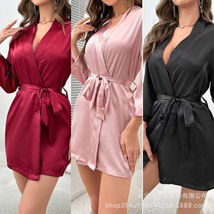 European and American Cross-border Women's Lace-up Bathrobe Sexy Outer Wearing Nightgown Comfortable Ice Silk Sense Home Clothes Morning Gown