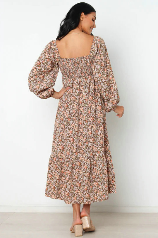 square neck open back printed long-sleeved dress NSJRM135699