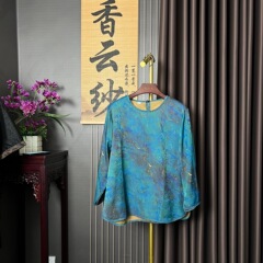 仿真丝香云纱花萝中式斜襟系带衬衣100%桑蚕丝宽松国风上衣