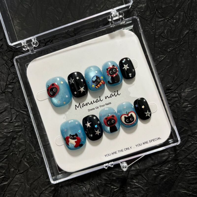 Purely Handmade Cute Cartoon Girl Short Round Wearable Nail Patch Removable A650