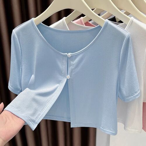 Modak Short Sleeve Shoulder Scarf Sun Protection Women's Summer Outerwear Ribbed Knit Cardigan Coat Thin Loose Cover Shirt Top
