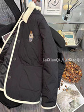 小熊刺绣菱格羽绒棉服女冬季宽松小个子棉袄撞色拼接翻领棉衣外套