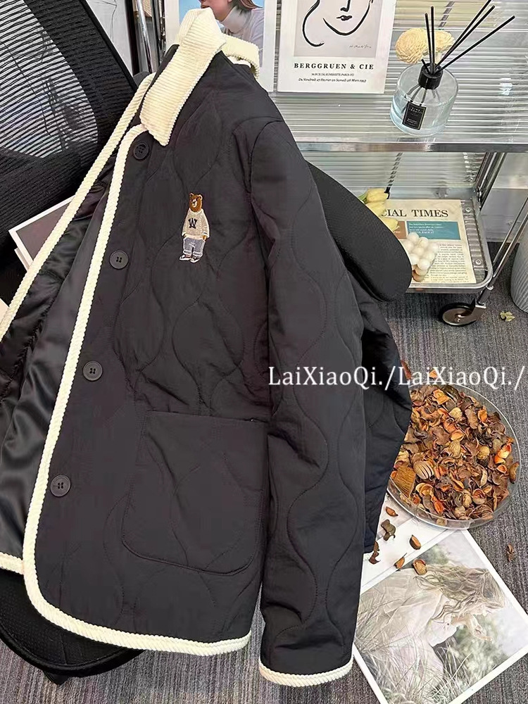 小熊刺绣菱格羽绒棉服女冬季宽松小个子棉袄撞色拼接翻领棉衣外套