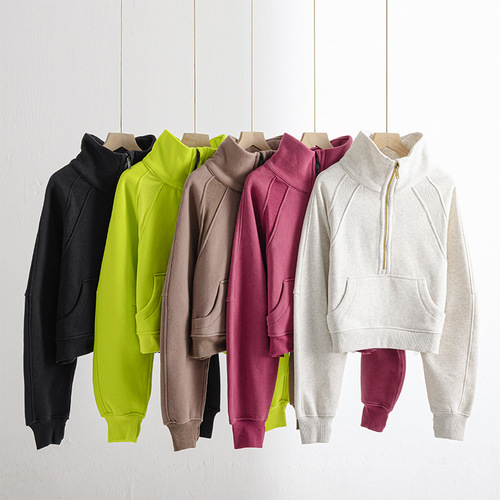 Scuba Half-Zip Hooded Sweatshirt Cross-Border Yoga Top Jacket, Pullover High-Neck Fleece Short-Sleeve Loose