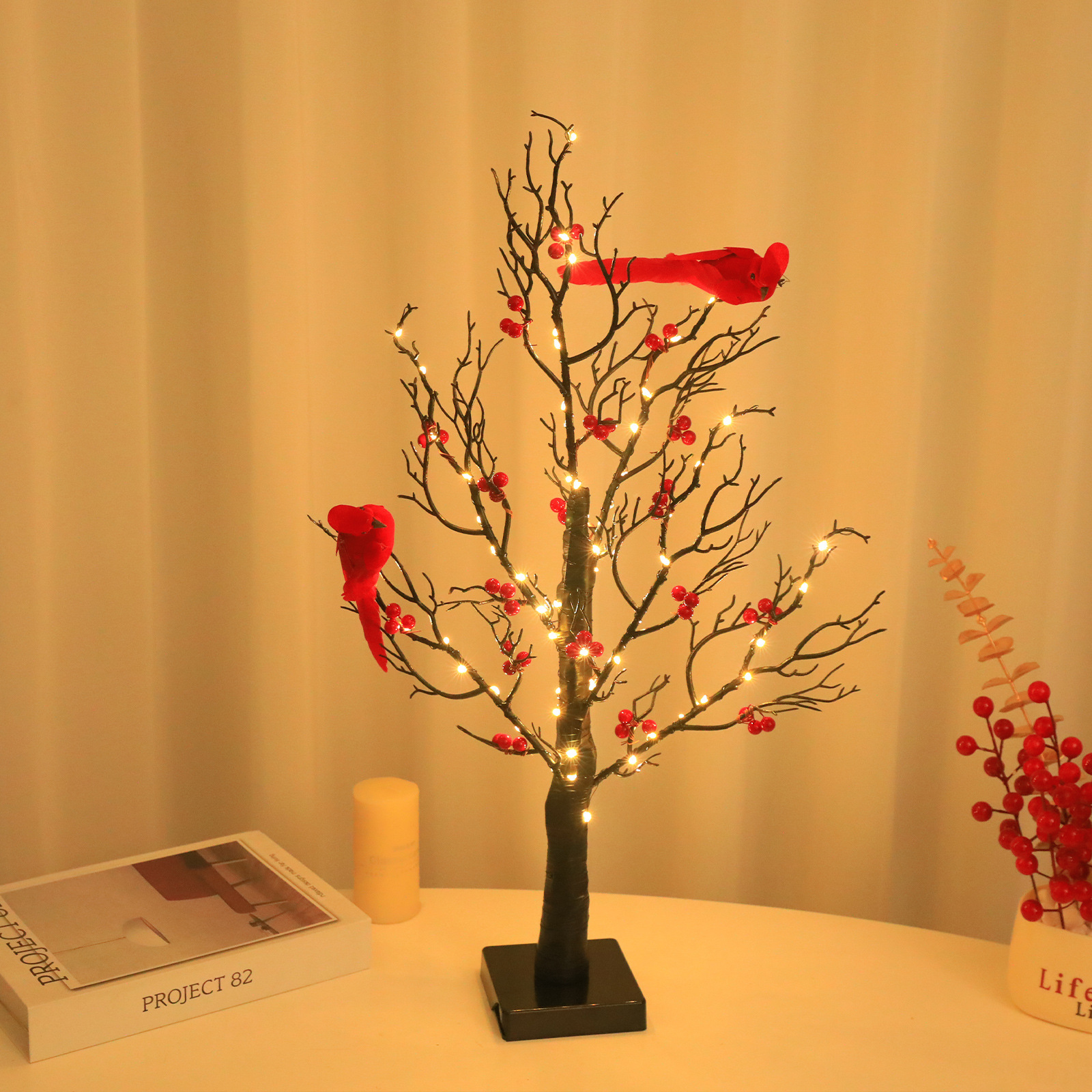 Glowing Red Bird Wrapped Tree Decoration For Living Room And Bedroom Atmosphere Arrangement Styling LED Color Light_voghion.com