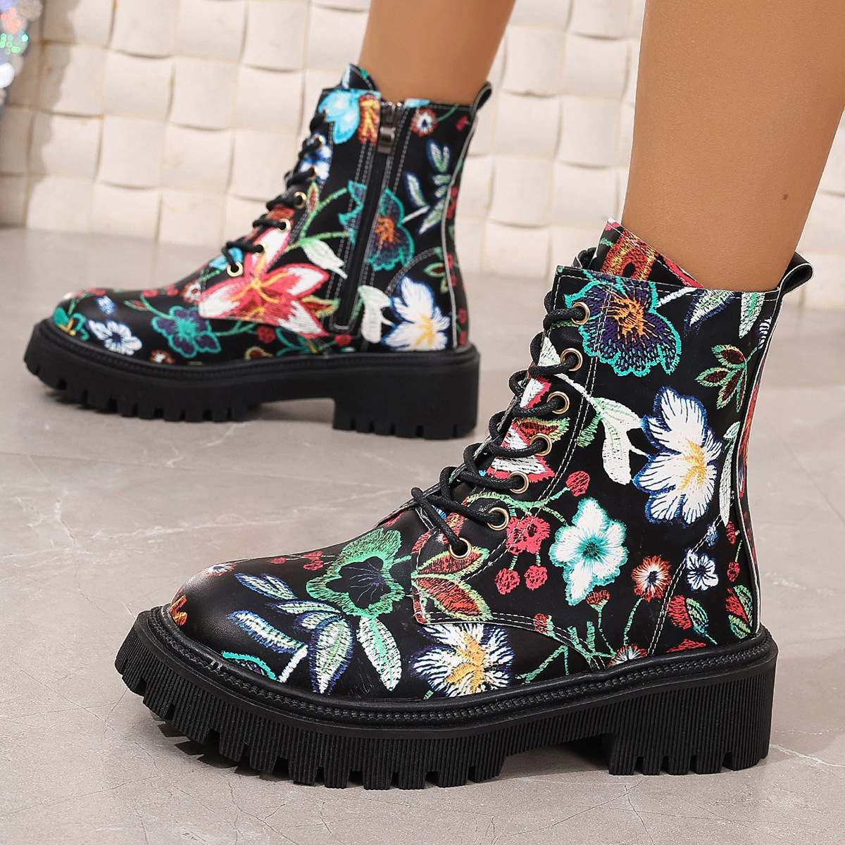 Foreign Trade Large Size Boots 2025 Autumn and Winter New European and American Printed Casual Round Toe Lace-Up Low Heel High Top Boots for Women