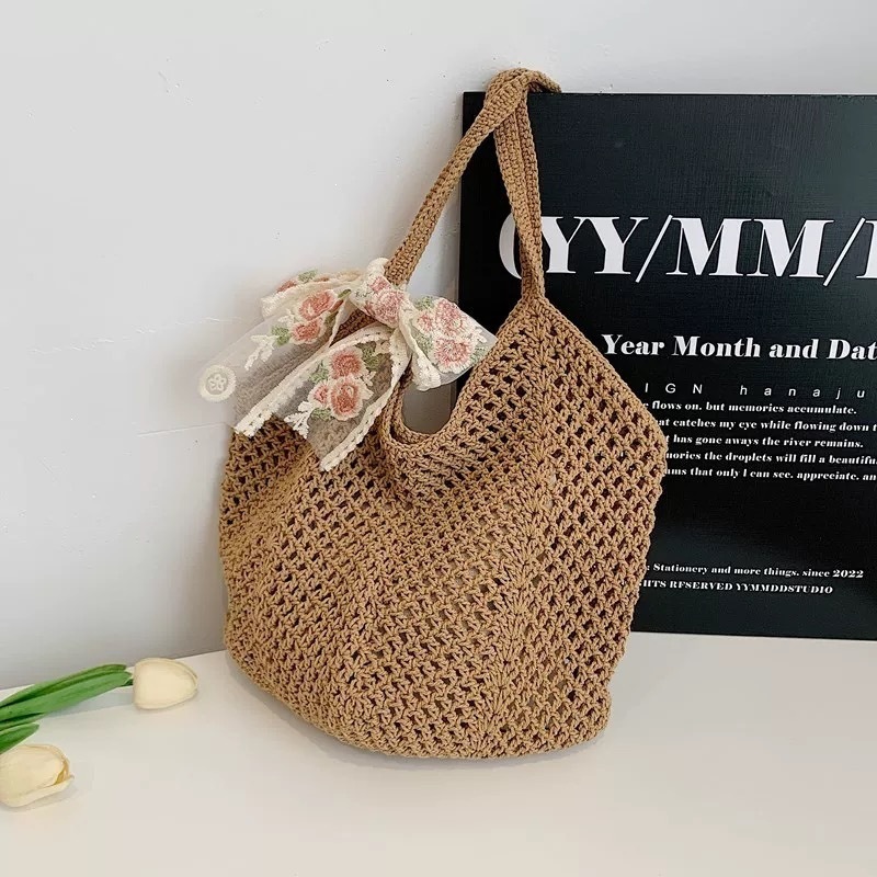 Storage Basket Bag, Rattan Handbag, Woven Shoulder Bag, Handmade Natural Rattan & Seagrass, Leather Trim, Eco-Friendly, Lightweight, Durable For Daily_voghion.com
